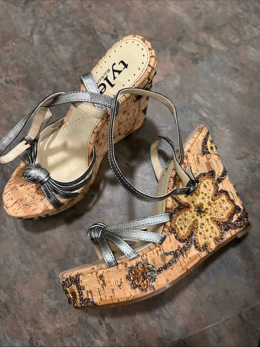 Richard Tyler Metallic Silver Cork Wedge Sandals